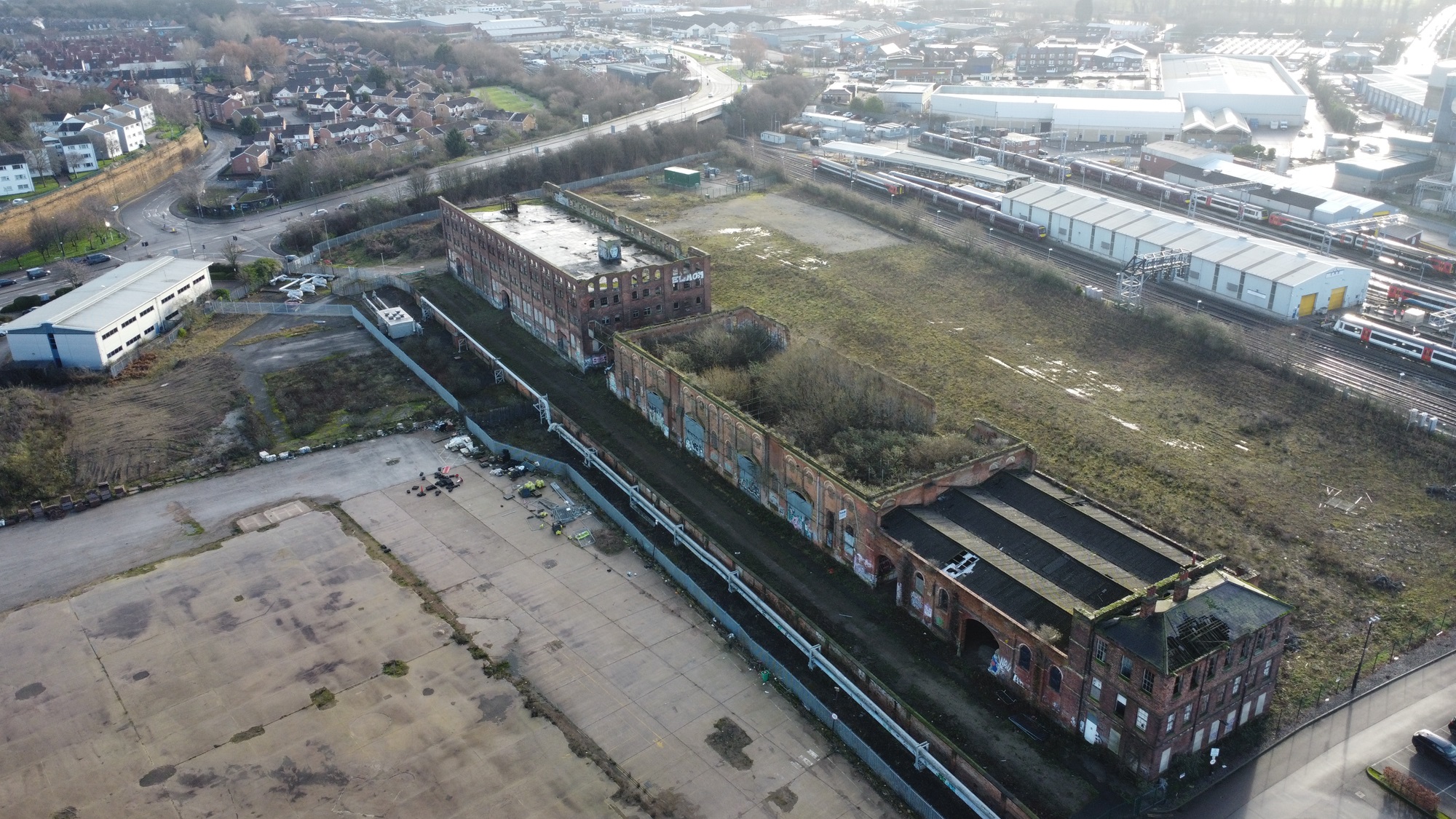 Aerial photograph of disused warehouses at The Island Quarter